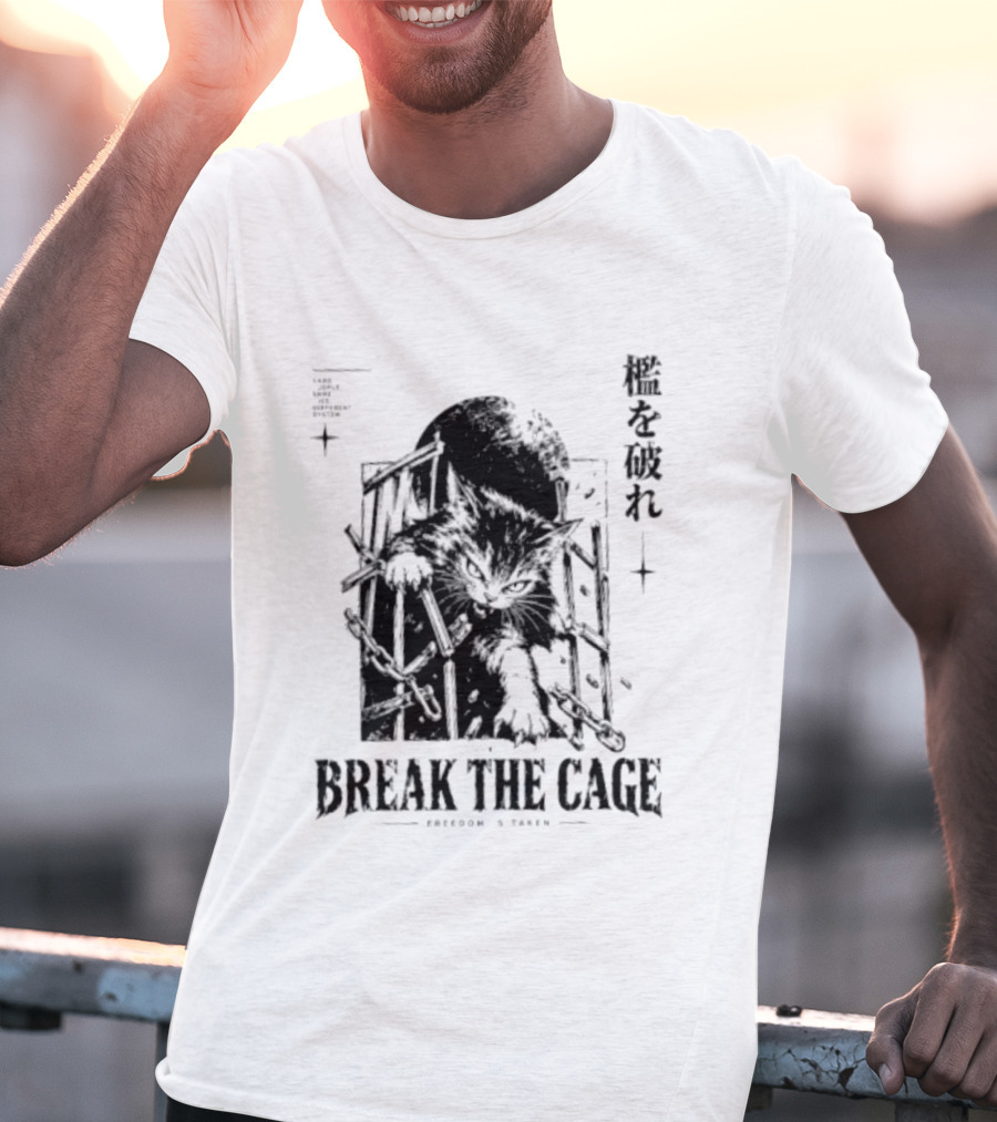 Break The Cage Freedom Is Taken Cat Kanji T-Shirt