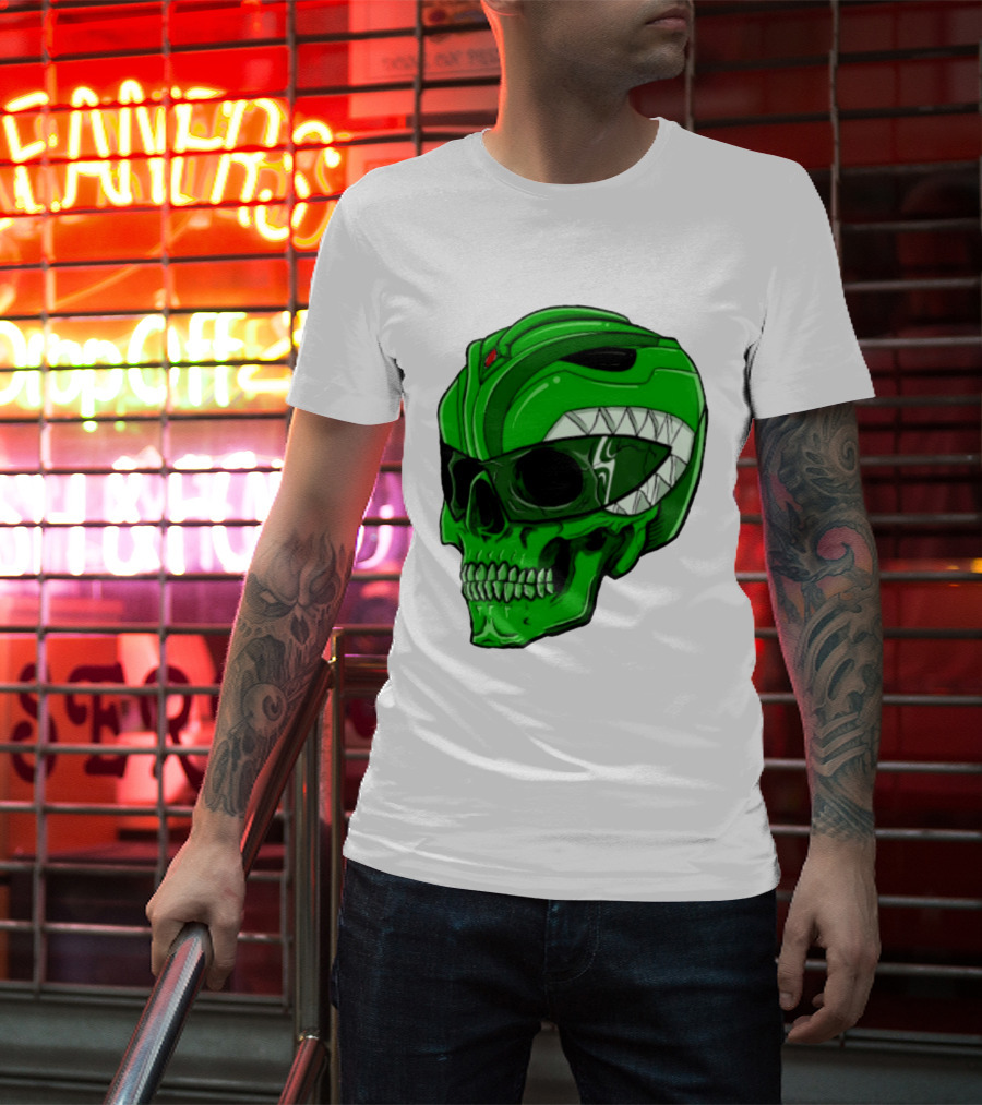 Mighty Morphin Power Rangers Green Ranger Zombie Skull Helmet Mashup T-Shirt