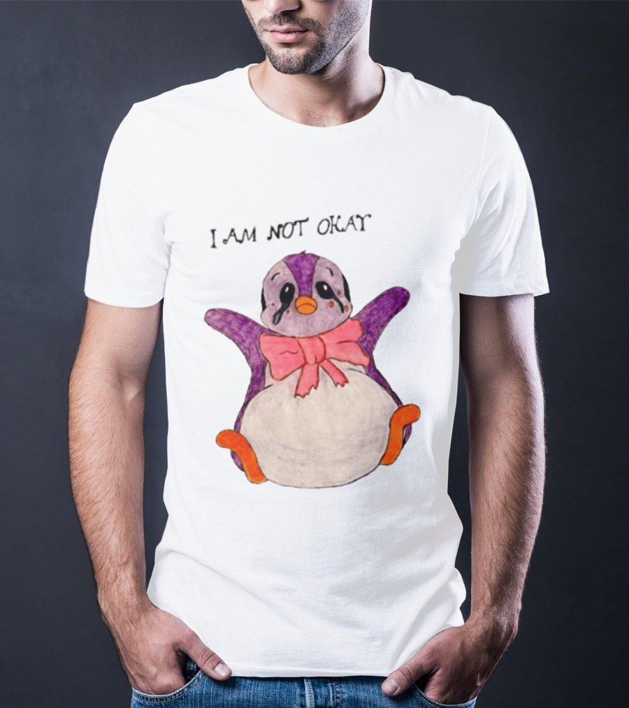 I Am Not Okay Crying Penguin Aesthetic Bow Tearful Purple Orange T-Shirt