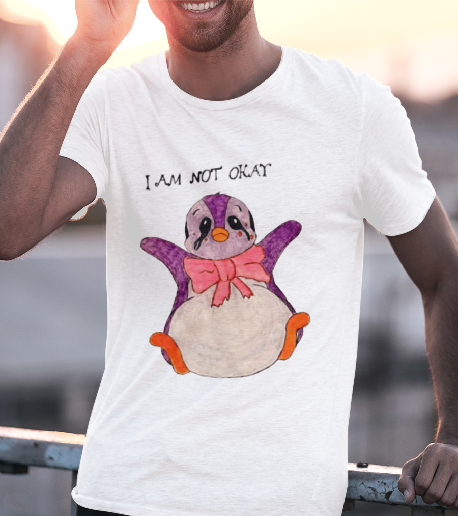I Am Not Okay Crying Penguin Aesthetic Bow Tearful Purple Orange T-Shirt
