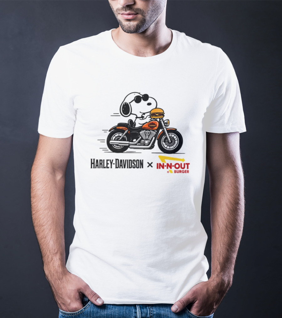 Snoopy Riding Harley Davidson With In N Out Burger Collaboration T-Shirt