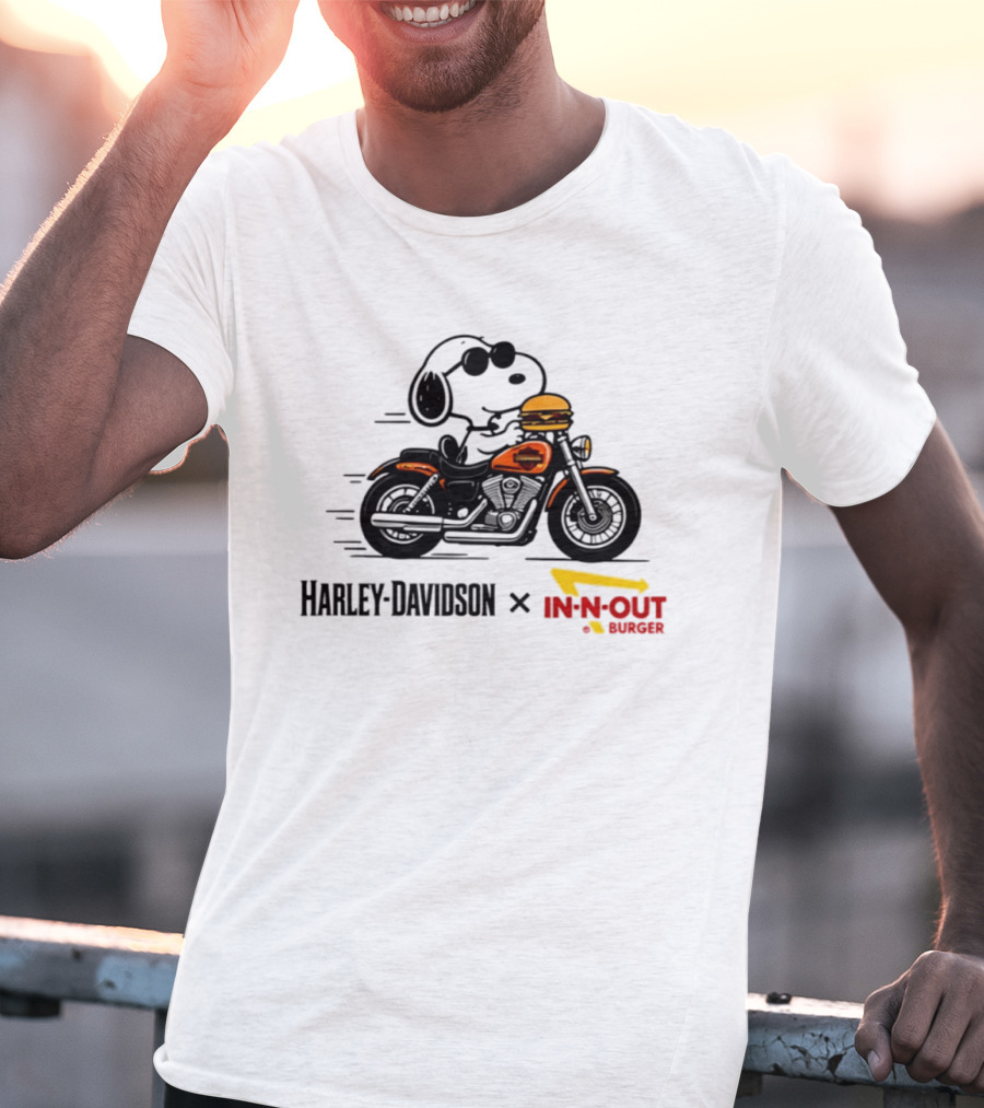 Snoopy Riding Harley Davidson With In N Out Burger Collaboration T-Shirt