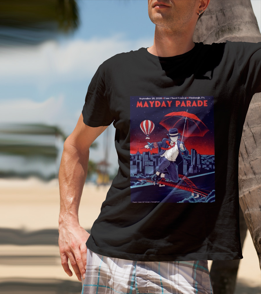 Mayday Parade September 26 2026 Four Chord Festival Pittsburgh PA Hot Air Balloon Umbrella Cityscape T-Shirt