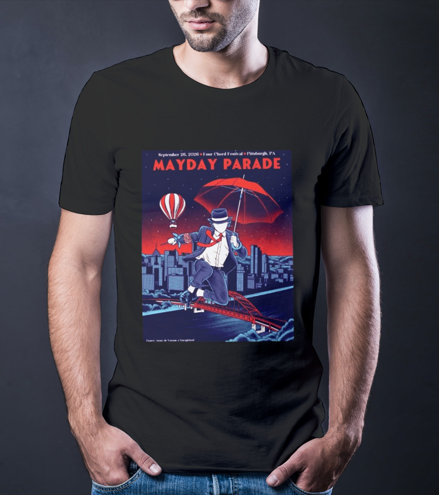 Mayday Parade September 26 2026 Four Chord Festival Pittsburgh PA Hot Air Balloon Umbrella Cityscape T-Shirt