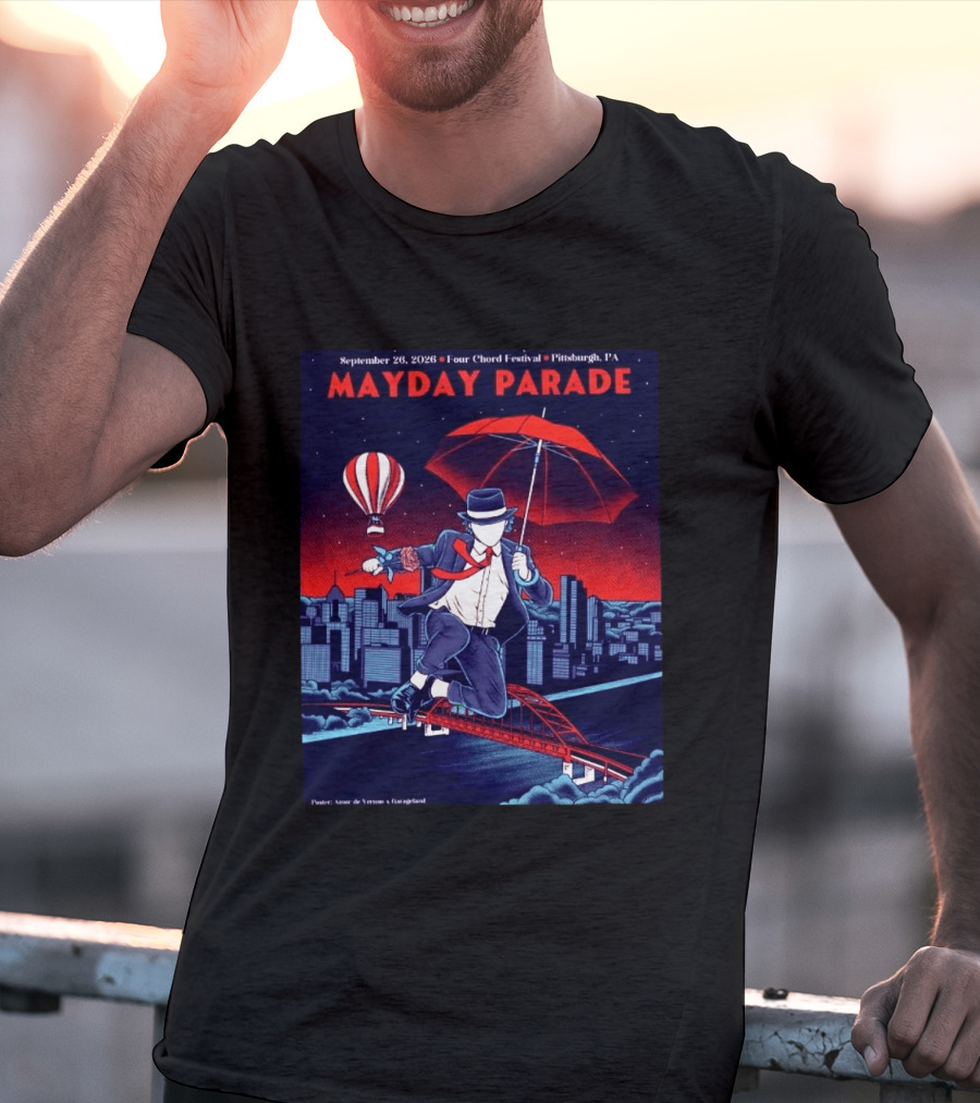 Mayday Parade September 26 2026 Four Chord Festival Pittsburgh PA Hot Air Balloon Umbrella Cityscape T-Shirt