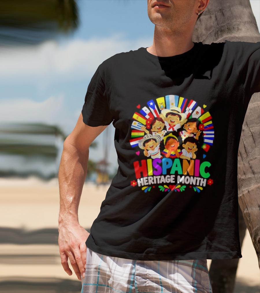 Hispanic Heritage Month Celebration With Latino Countries Flags And Happy Children T-Shirt