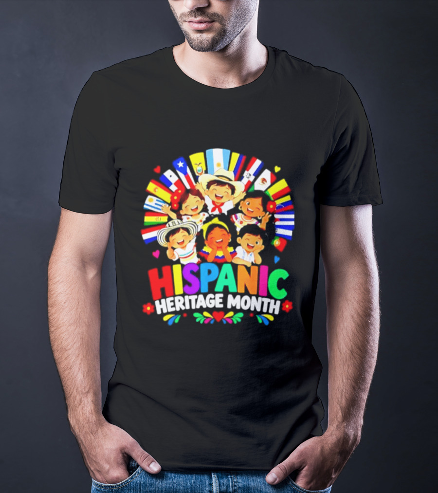 Hispanic Heritage Month Celebration With Latino Countries Flags And Happy Children T-Shirt