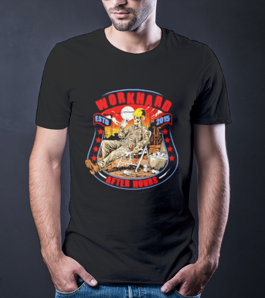 Work Hard After Hours Estd 2015 Skeleton Construction Worker Relaxing Moonlight Scene T-Shirt