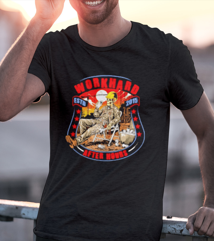 Work Hard After Hours Estd 2015 Skeleton Construction Worker Relaxing Moonlight Scene T-Shirt