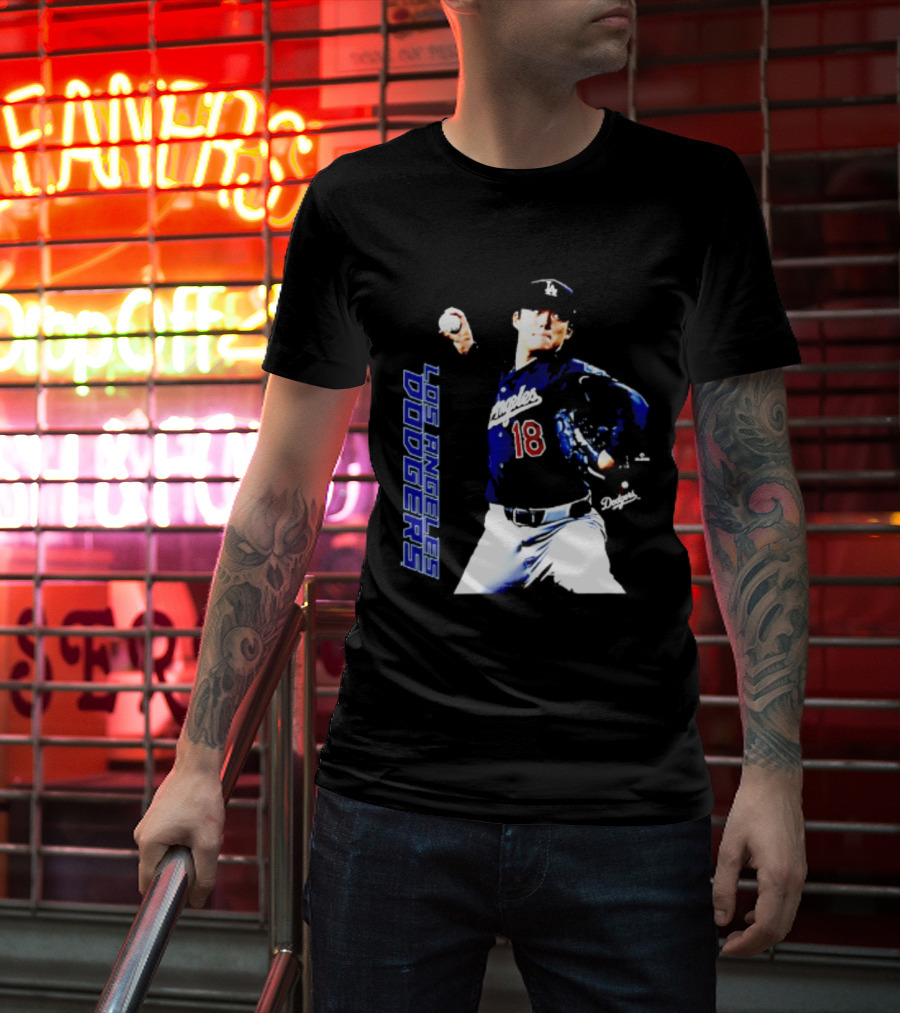 Los Angeles Dodgers Yoshinobu Yamamoto Number 18 MLB Pitcher Swing T-Shirt