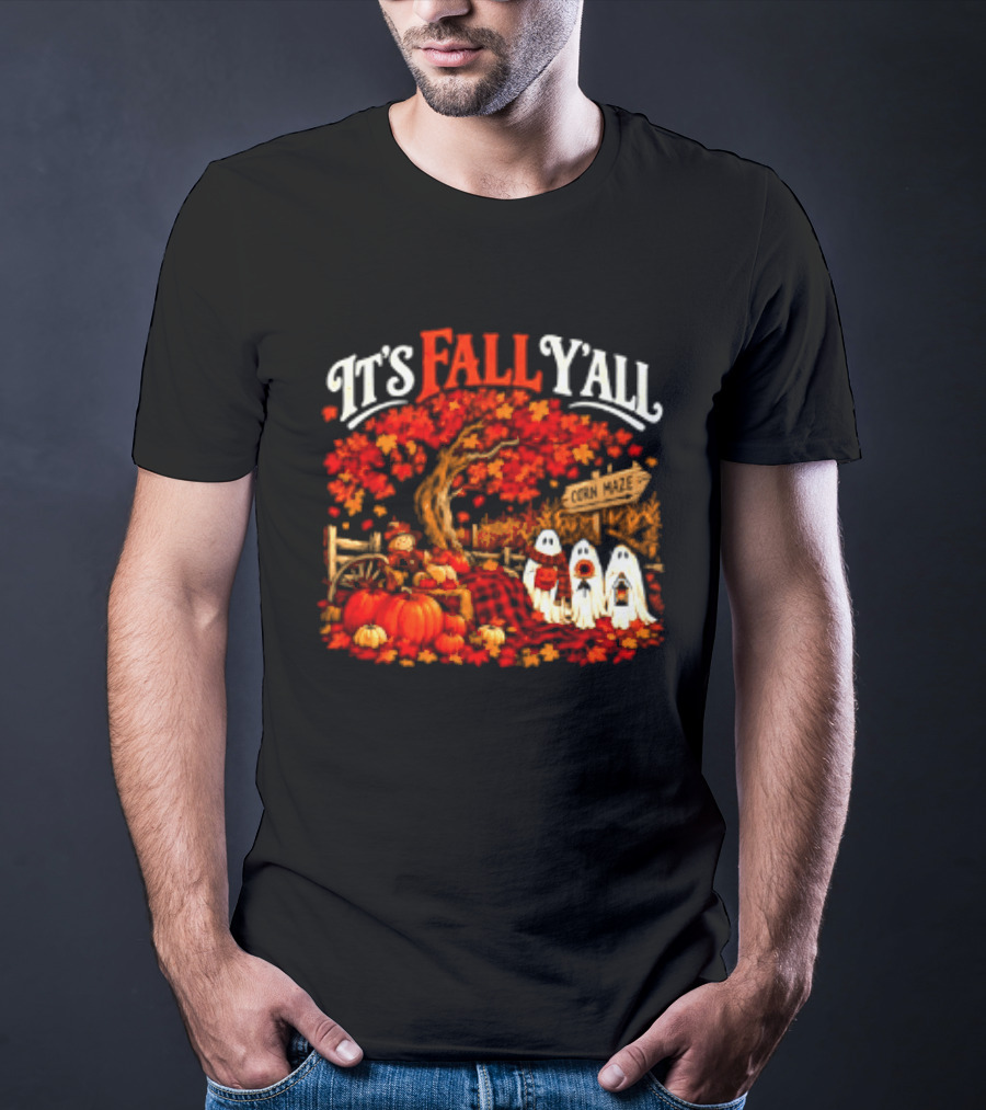 It's Fall Y'all Corn Maze Pumpkins Scarecrow Ghosts Halloween Tree T-Shirt