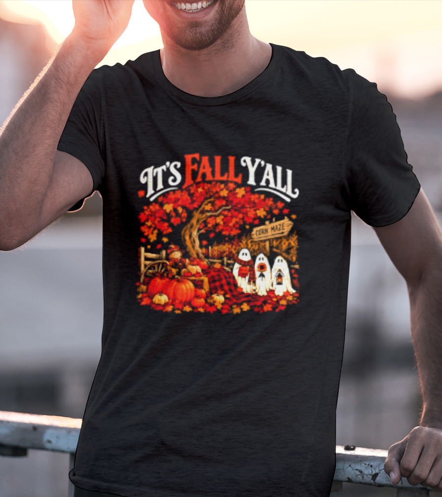 It's Fall Y'all Corn Maze Pumpkins Scarecrow Ghosts Halloween Tree T-Shirt