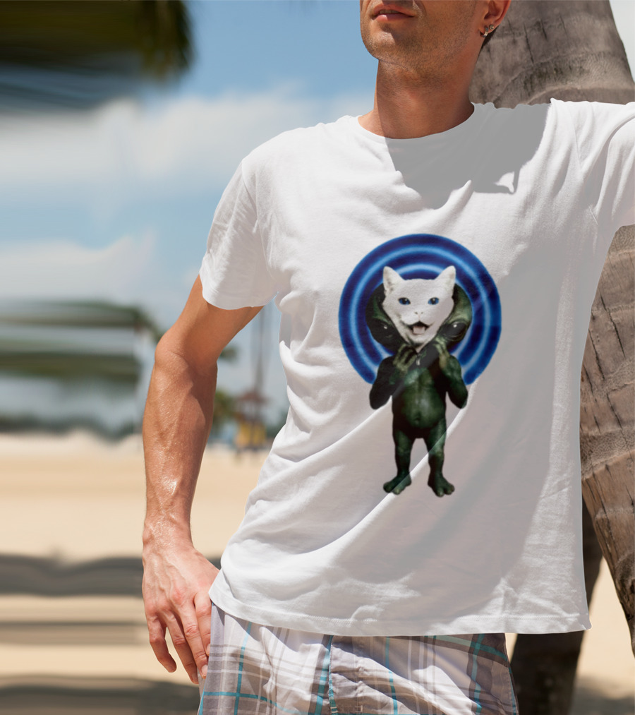 Cat Unzipping Alien Costume Sci Fi Whimsical Blue Ripple Effect T-Shirt