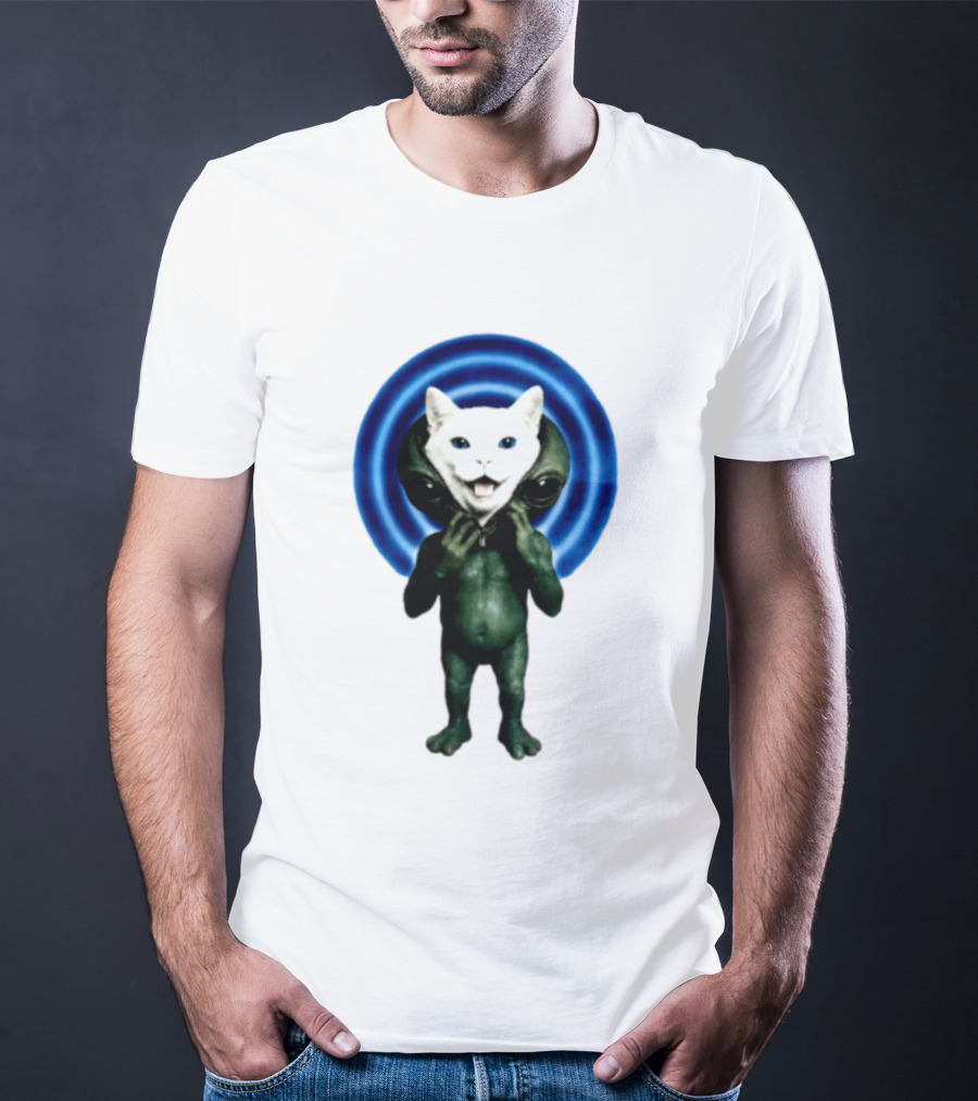 Cat Unzipping Alien Costume Sci Fi Whimsical Blue Ripple Effect T-Shirt