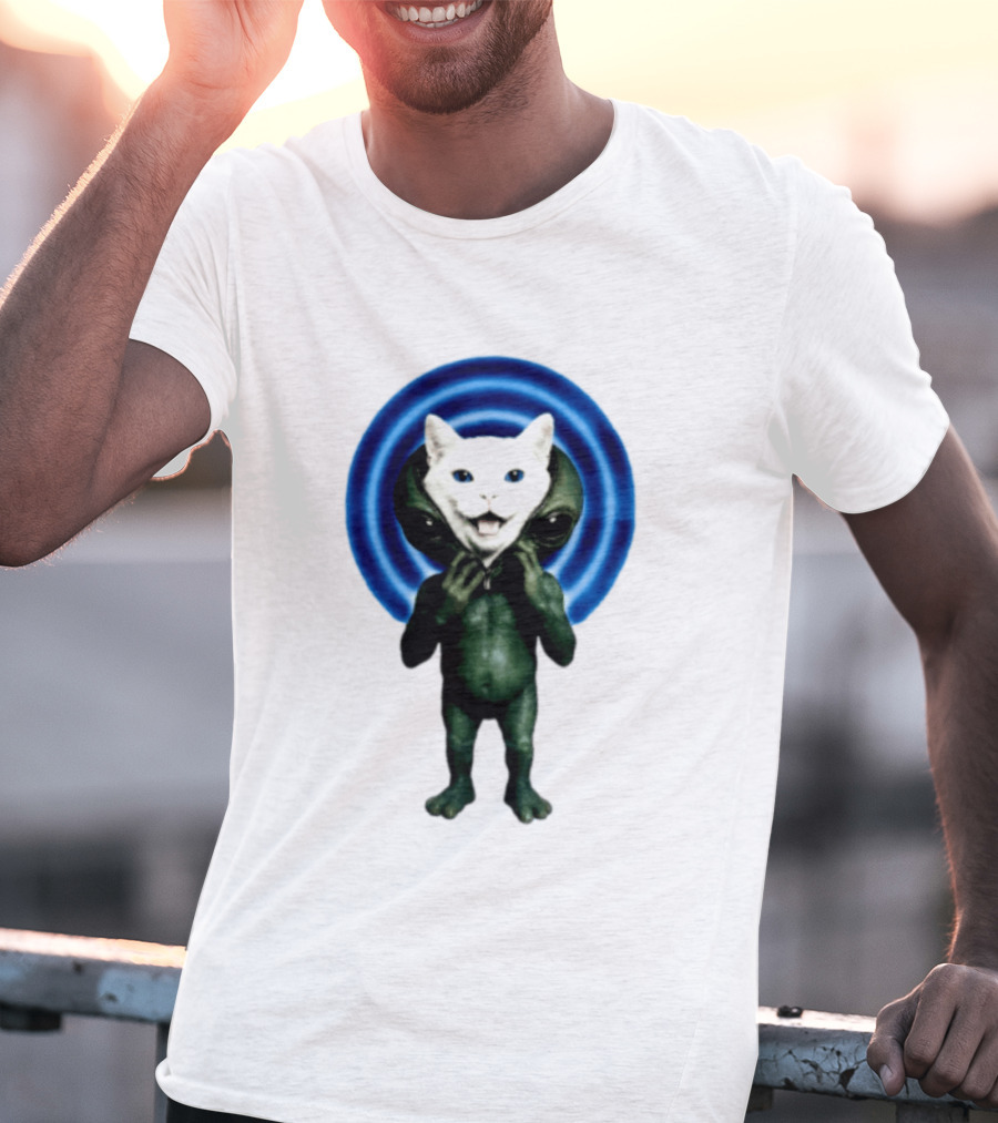 Cat Unzipping Alien Costume Sci Fi Whimsical Blue Ripple Effect T-Shirt
