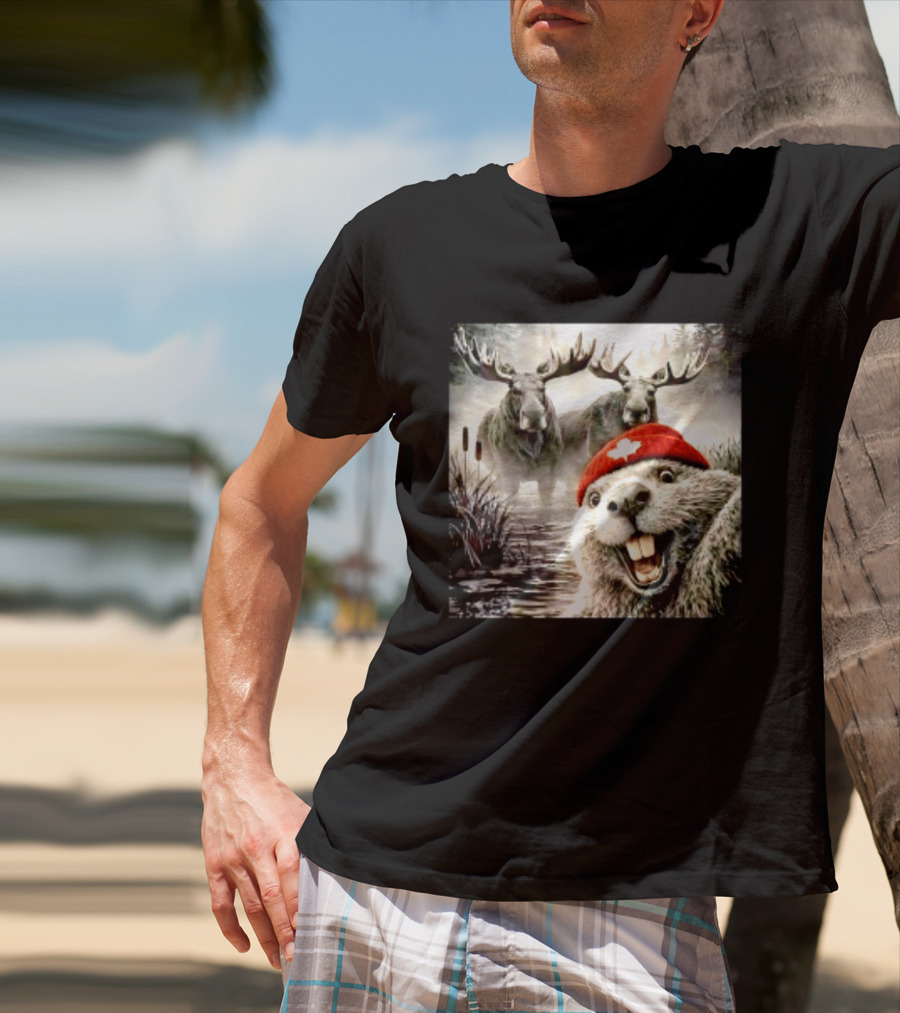 Beaver With Maple Leaf Beanie And Moose Forest Scene T-Shirt