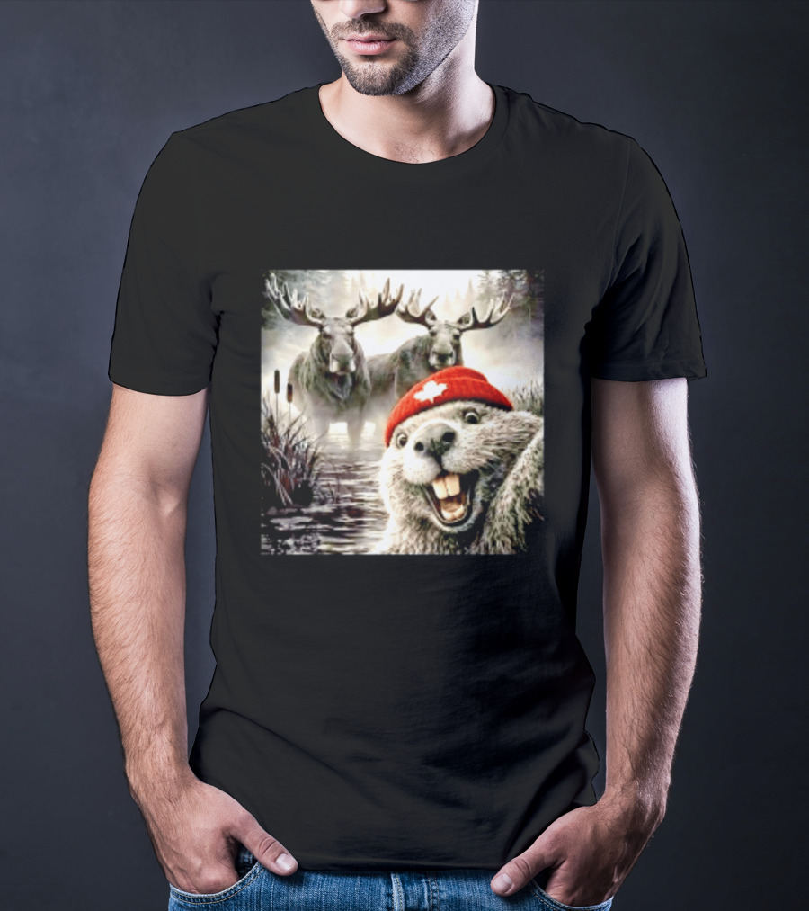Beaver With Maple Leaf Beanie And Moose Forest Scene T-Shirt