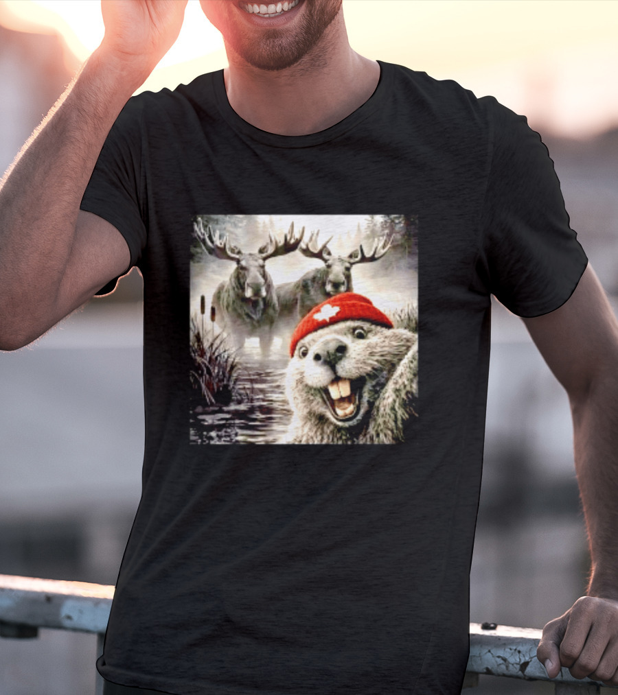 Beaver With Maple Leaf Beanie And Moose Forest Scene T-Shirt