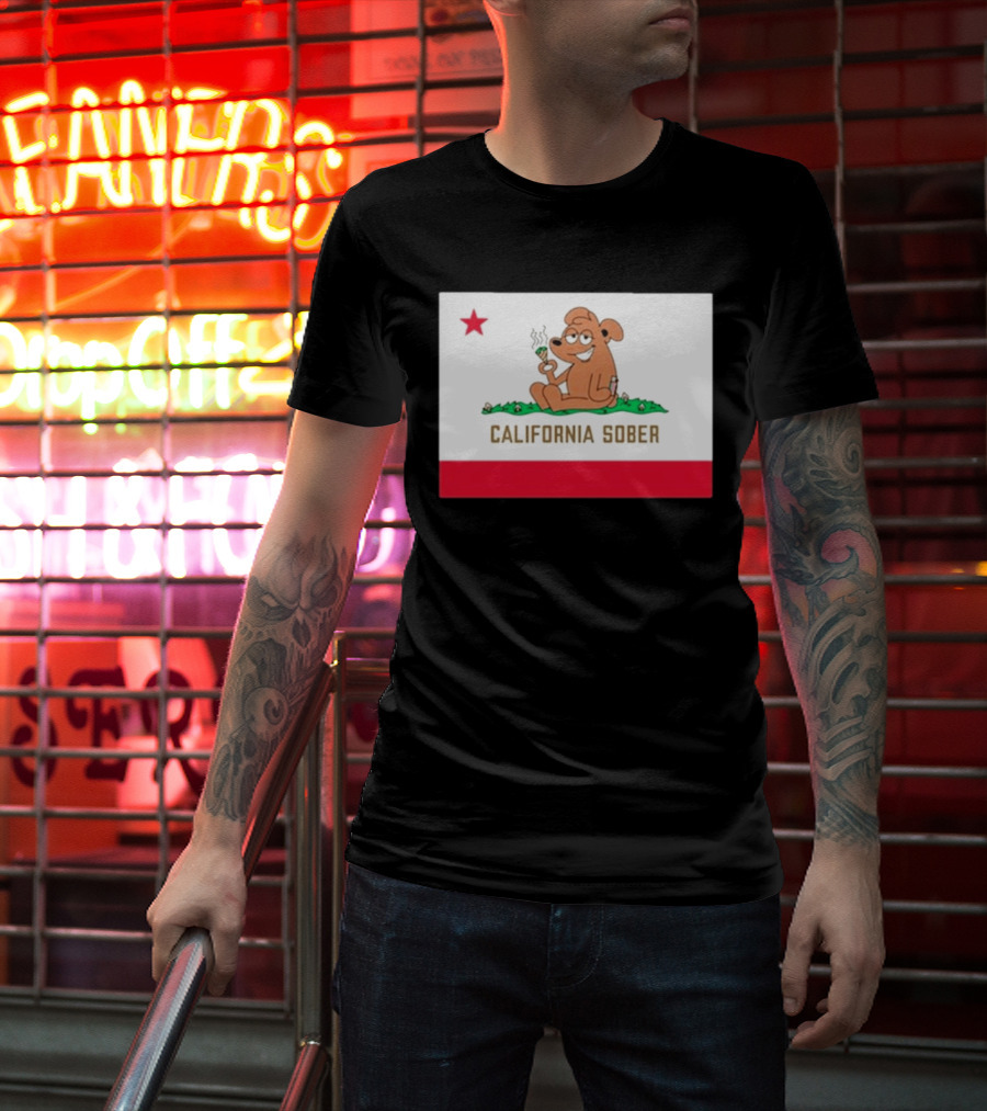 California Sober Bear With Joint And Drink State Flag T-Shirt