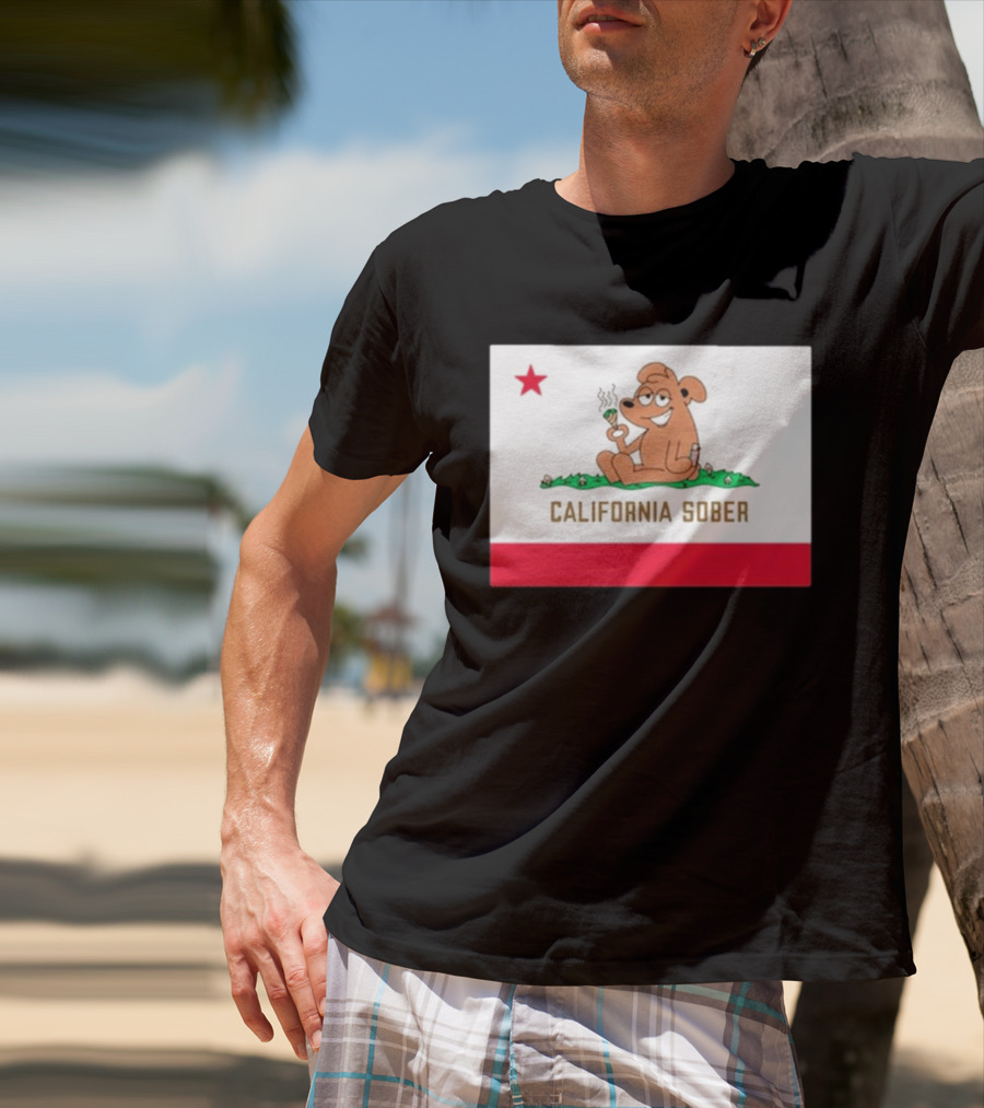 California Sober Bear With Joint And Drink State Flag T-Shirt