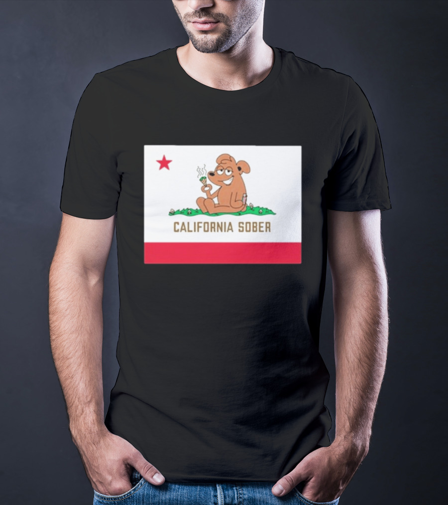 California Sober Bear With Joint And Drink State Flag T-Shirt