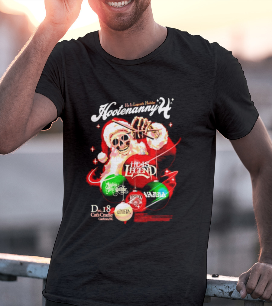Holiday Hootenanny He Is Legend Skeleton Santa Cat's Cradle Carrboro NC Christmas T-Shirt
