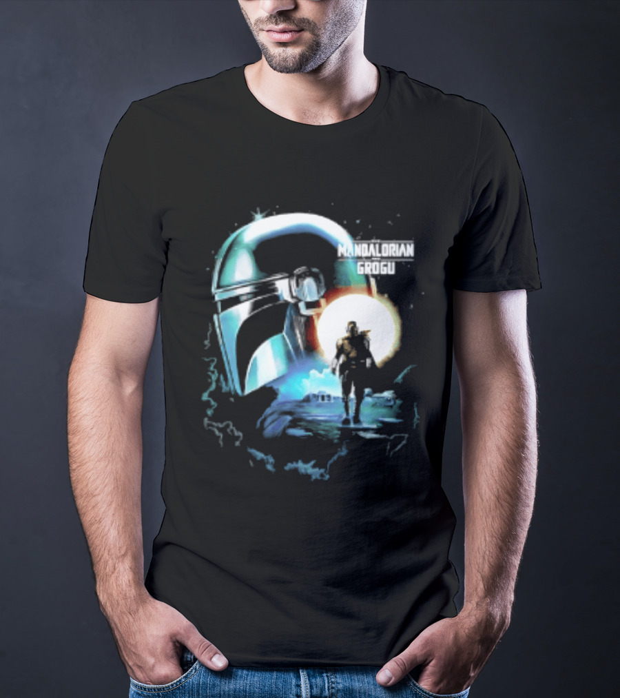The Mandalorian And Grogu Helmet Silhouette Star Wars Disney Plus Series T-Shirt