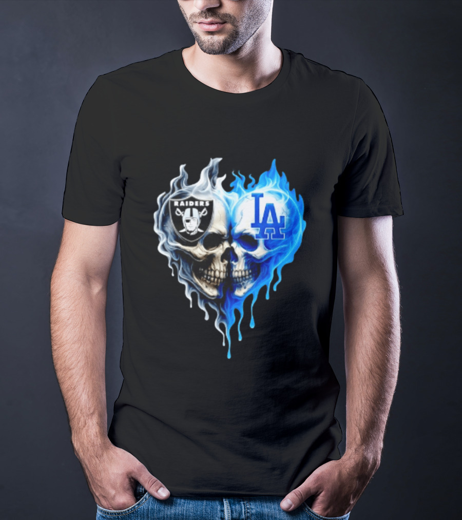 Las Vegas Raiders Los Angeles Dodgers Skulls Heart Blue Flames T-Shirt