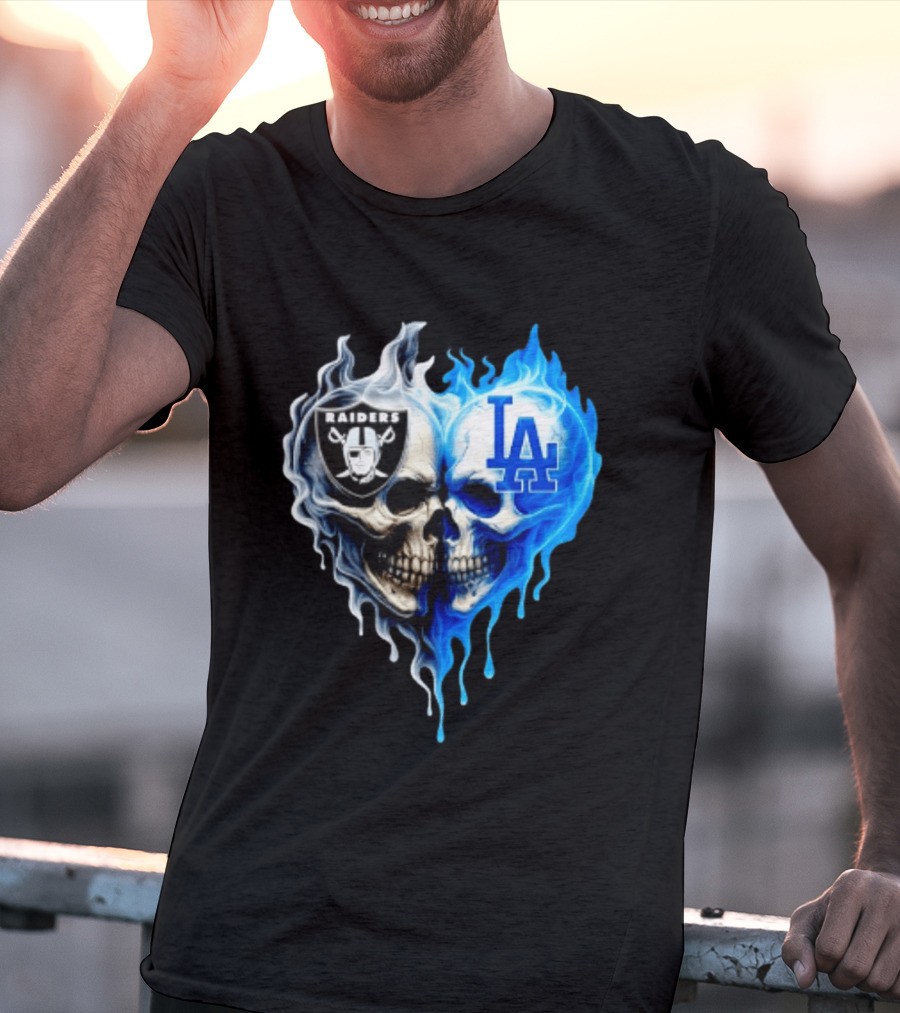 Las Vegas Raiders Los Angeles Dodgers Skulls Heart Blue Flames T-Shirt