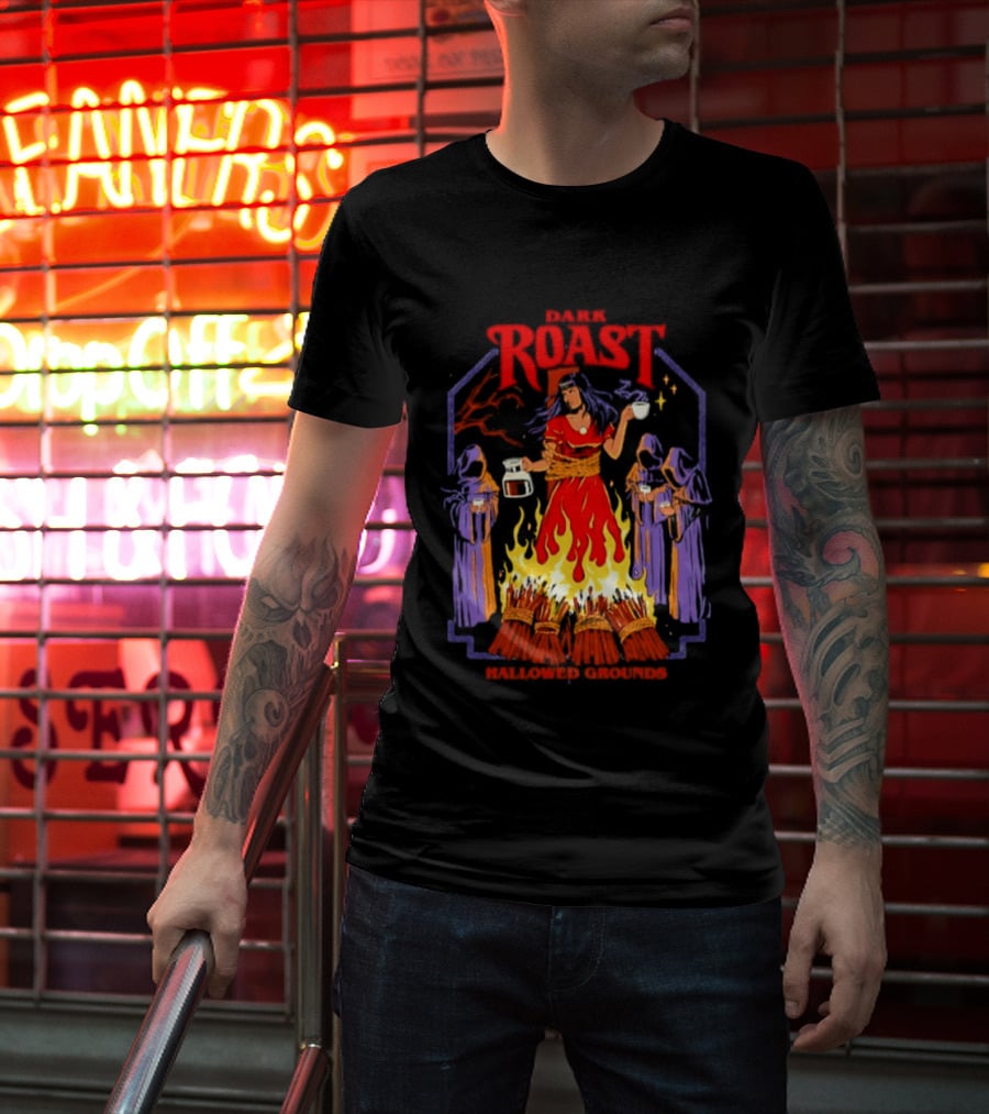 Dark Roast Hallowed Grounds Coffee Witch Brewing Flames And Rituals T-Shirt