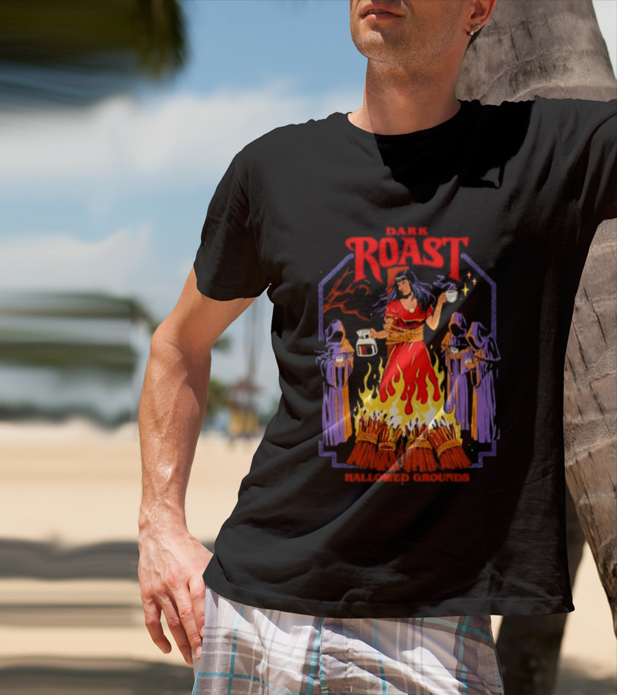 Dark Roast Hallowed Grounds Coffee Witch Brewing Flames And Rituals T-Shirt
