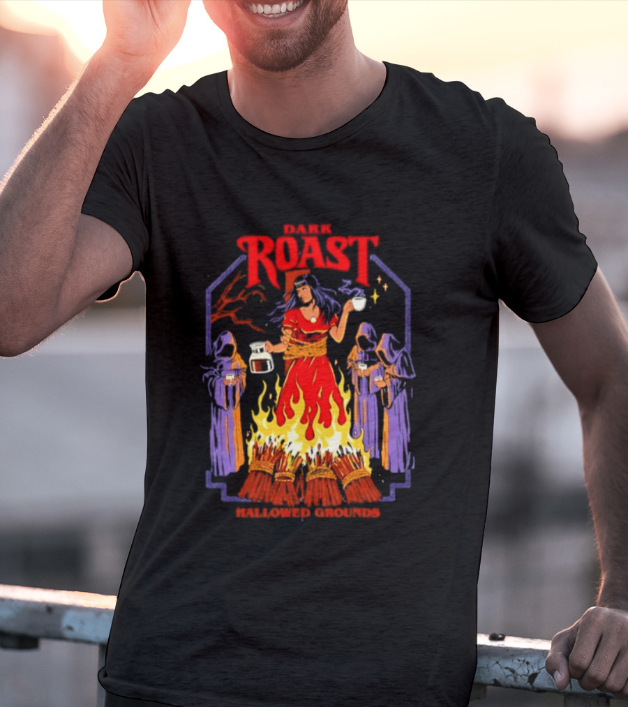 Dark Roast Hallowed Grounds Coffee Witch Brewing Flames And Rituals T-Shirt