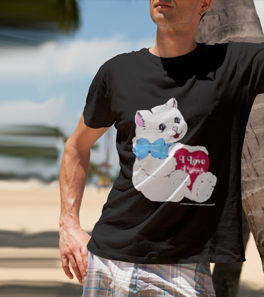 I Love Pussy Cats Heart Blue Bow Adorable White Kitten T-Shirt