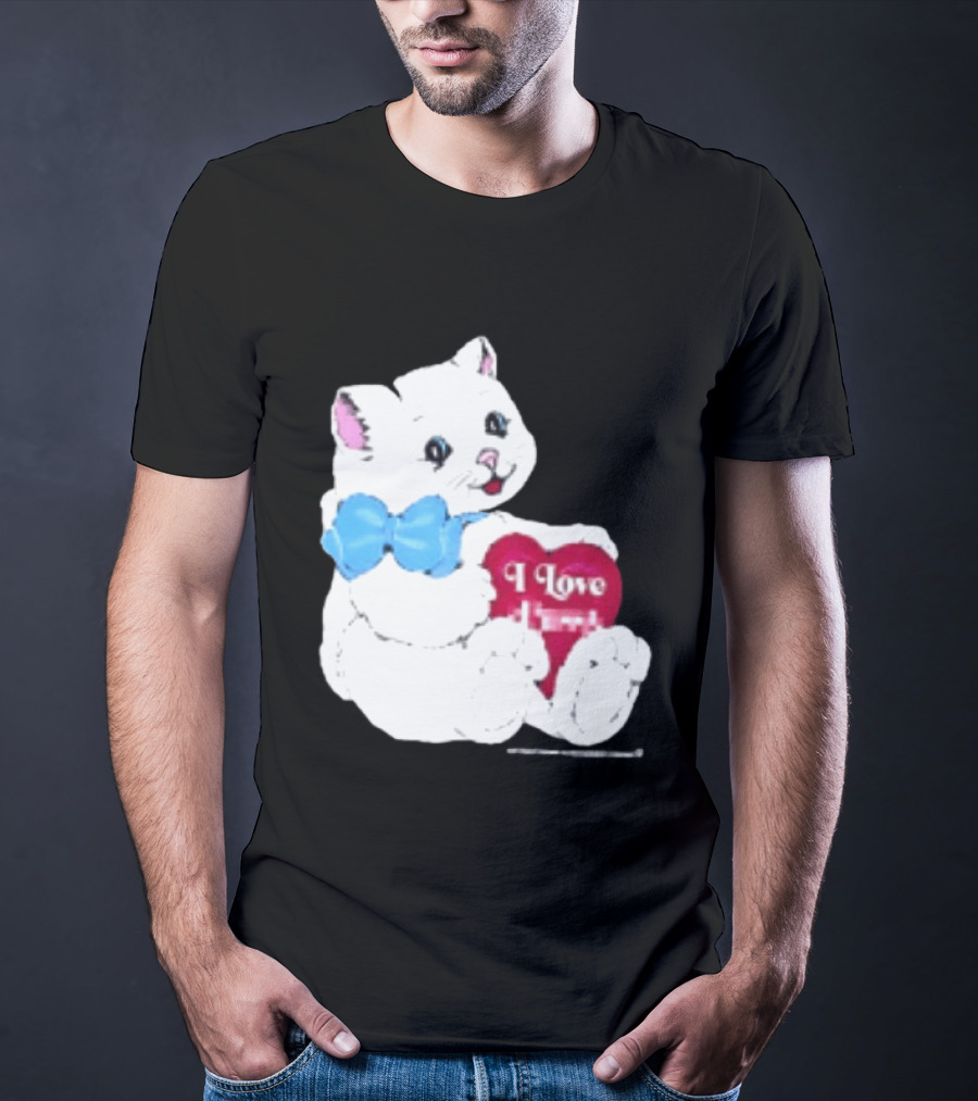 I Love Pussy Cats Heart Blue Bow Adorable White Kitten T-Shirt