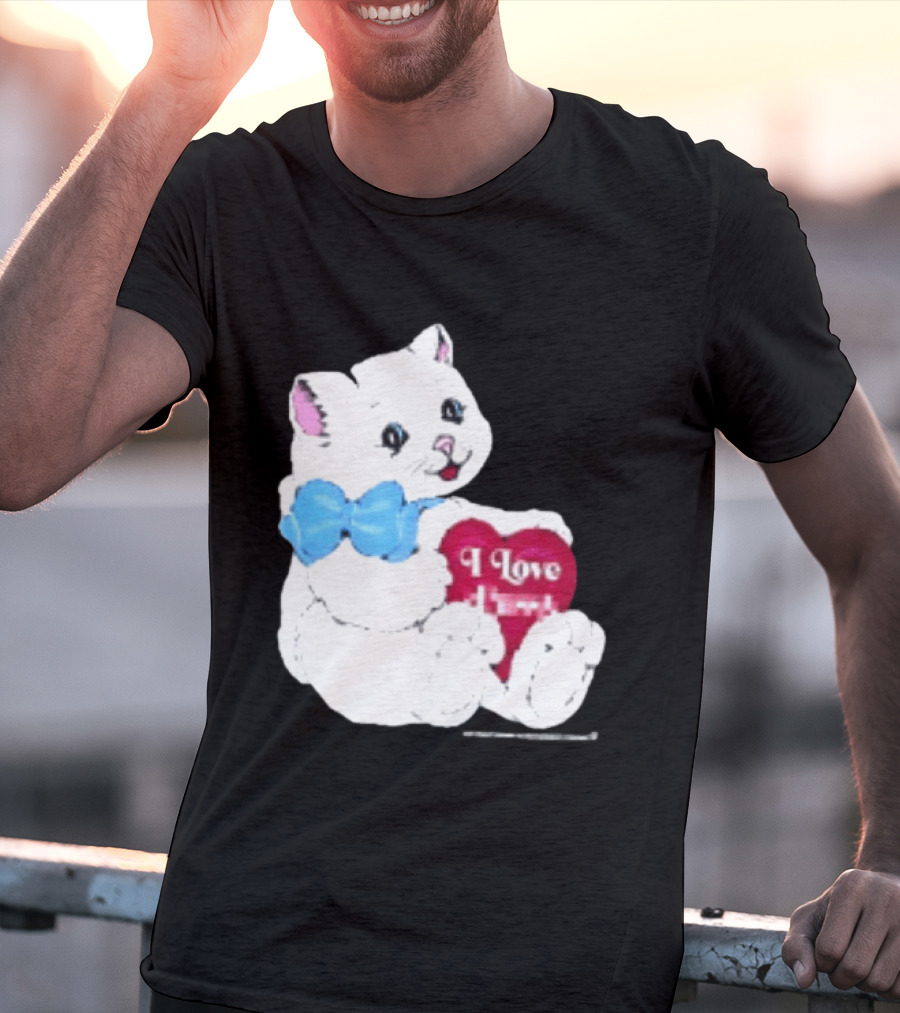I Love Pussy Cats Heart Blue Bow Adorable White Kitten T-Shirt