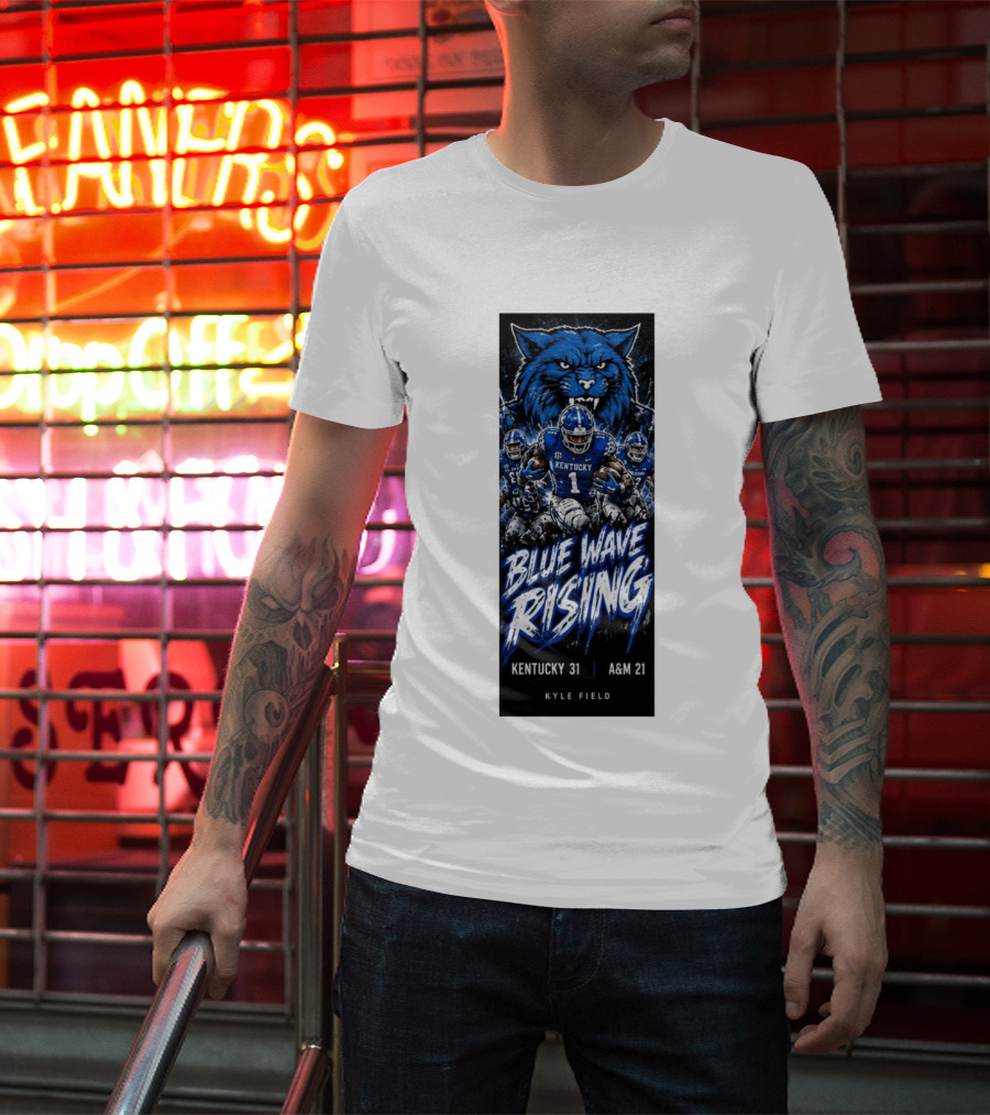 NCAA Kentucky Wildcats Blue Wave Rising 31 To 21 Victory At Texas AM Kyle Field T-Shirt