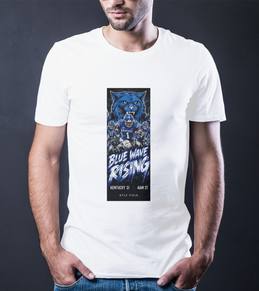 NCAA Kentucky Wildcats Blue Wave Rising 31 To 21 Victory At Texas AM Kyle Field T-Shirt