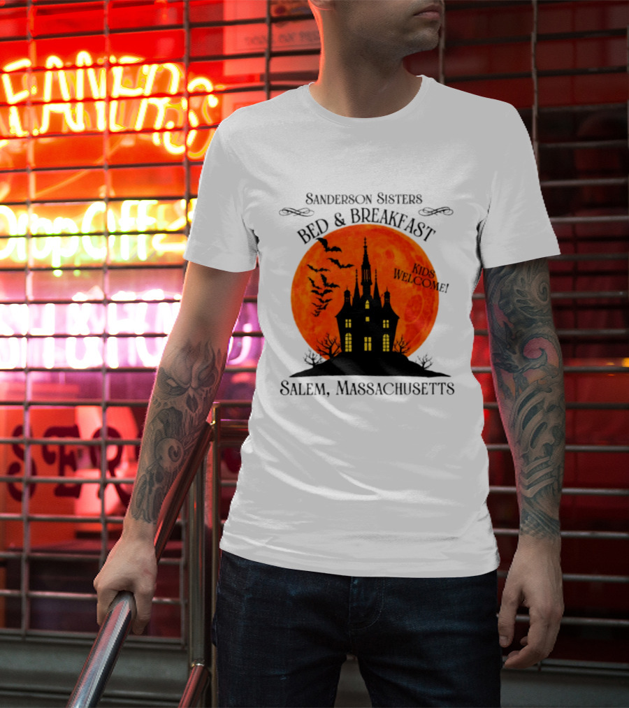 Sanderson Sisters Bed And Breakfast Kids Welcome Salem Massachusetts Halloween Bats Haunted House T-Shirt