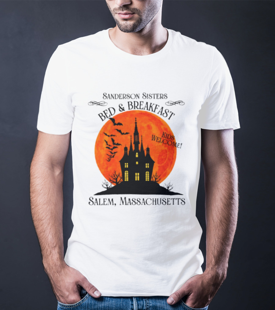Sanderson Sisters Bed And Breakfast Kids Welcome Salem Massachusetts Halloween Bats Haunted House T-Shirt