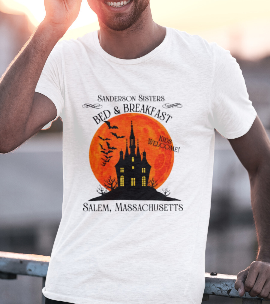 Sanderson Sisters Bed And Breakfast Kids Welcome Salem Massachusetts Halloween Bats Haunted House T-Shirt