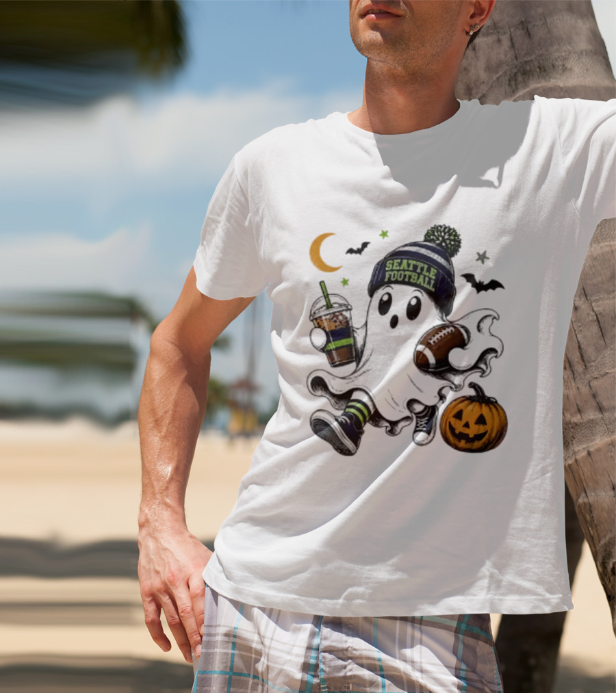 Seattle Football Halloween Ghost With Pumpkin Coffee And Moon T-Shirt