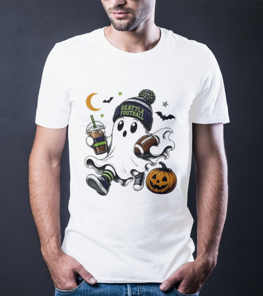 Seattle Football Halloween Ghost With Pumpkin Coffee And Moon T-Shirt