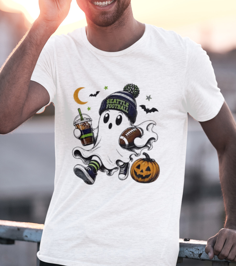 Seattle Football Halloween Ghost With Pumpkin Coffee And Moon T-Shirt