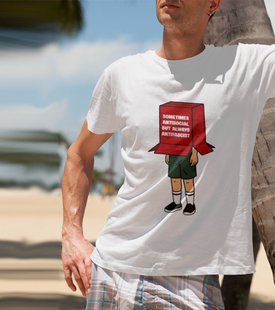 Sometimes Antisocial But Always Antifascist Box Head Cartoon T-Shirt