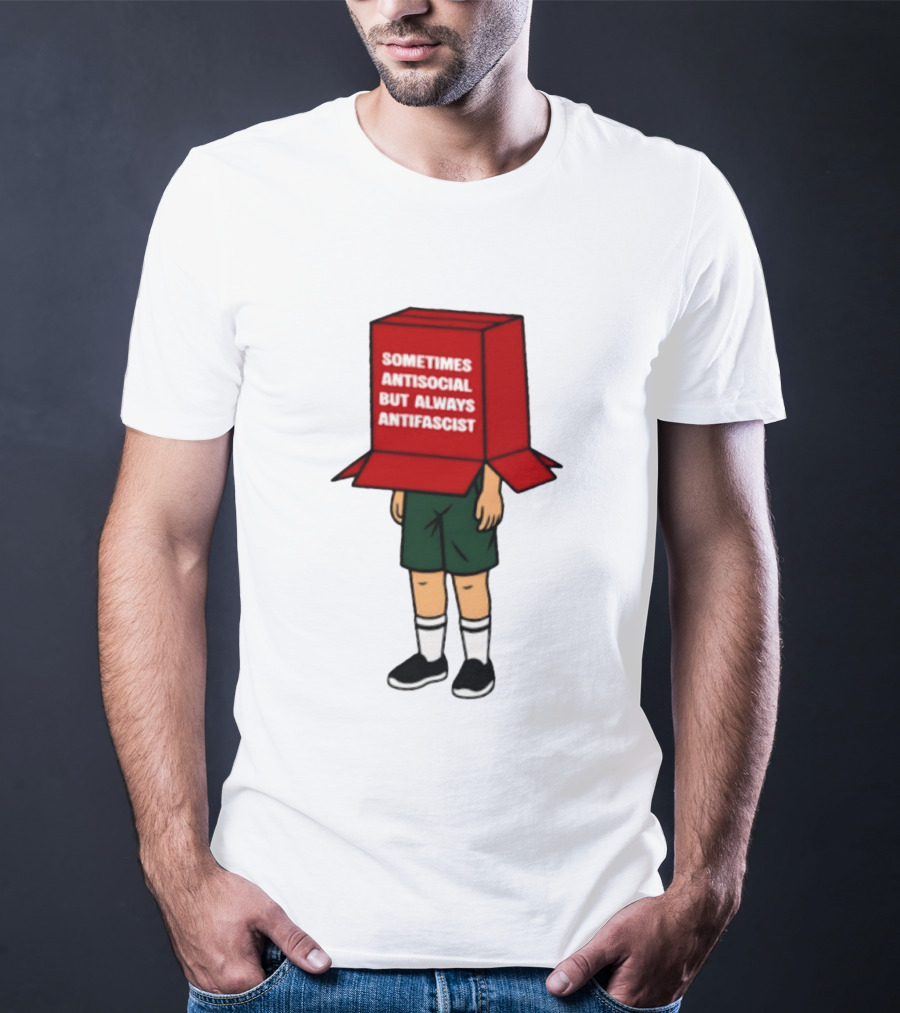 Sometimes Antisocial But Always Antifascist Box Head Cartoon T-Shirt
