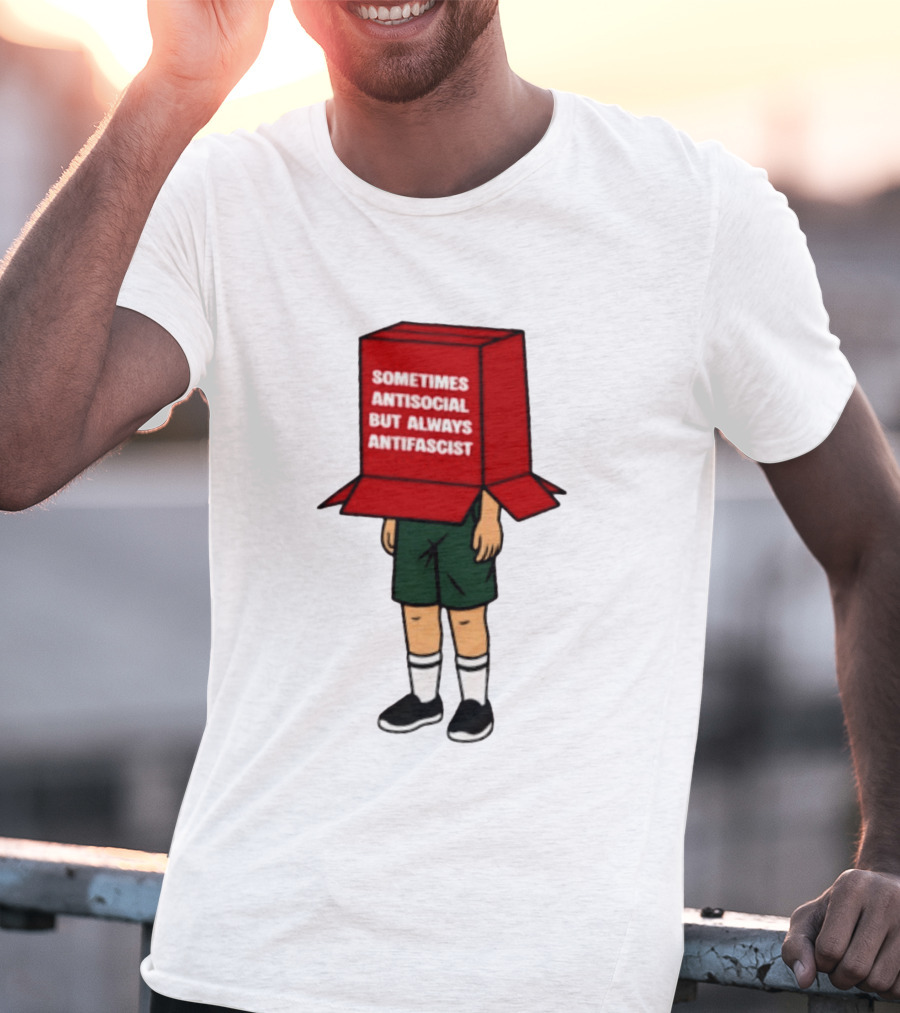 Sometimes Antisocial But Always Antifascist Box Head Cartoon T-Shirt