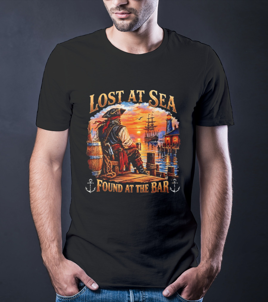 Lost At Sea Found At The Bar Pirate Sunset Sarcastic Humor T-Shirt