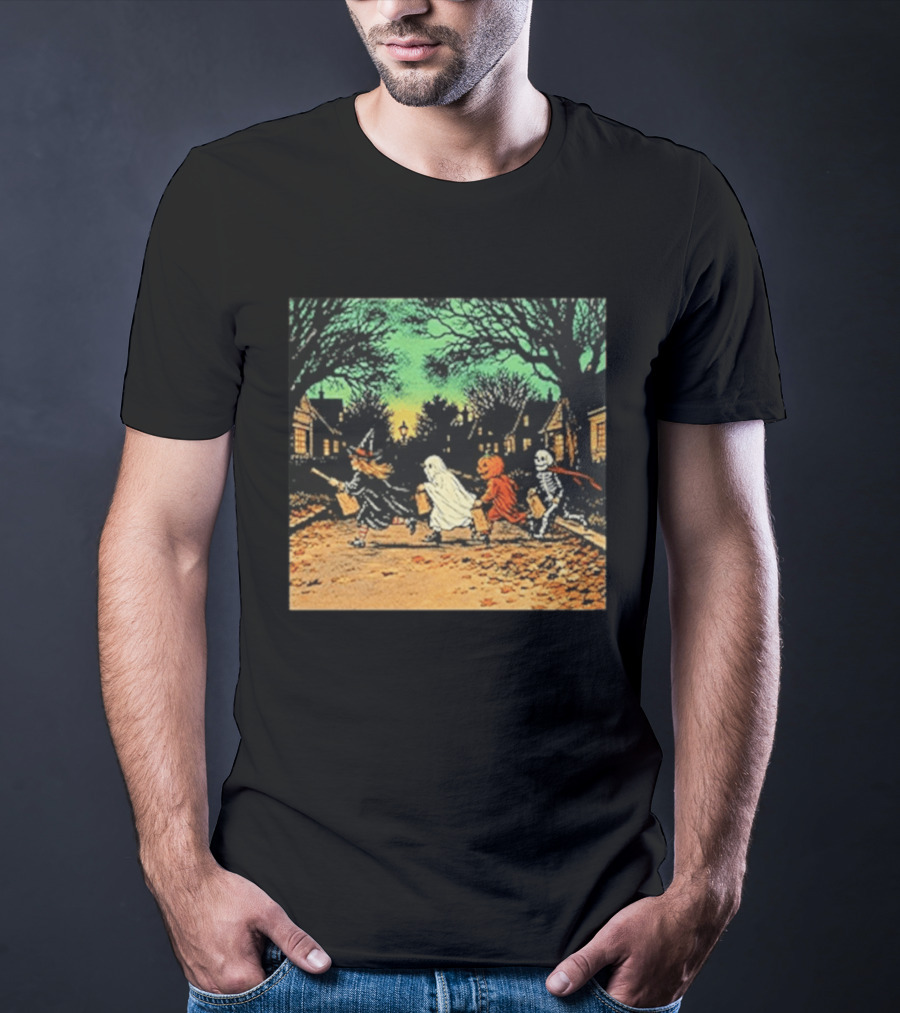 Trick Or Treat Witch Ghost Pumpkin Skeleton Halloween Scene T-Shirt