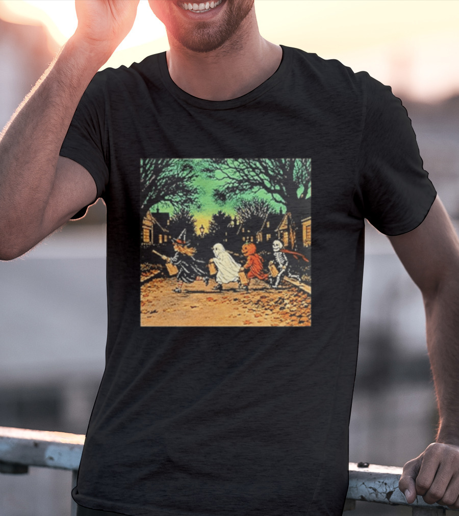 Trick Or Treat Witch Ghost Pumpkin Skeleton Halloween Scene T-Shirt