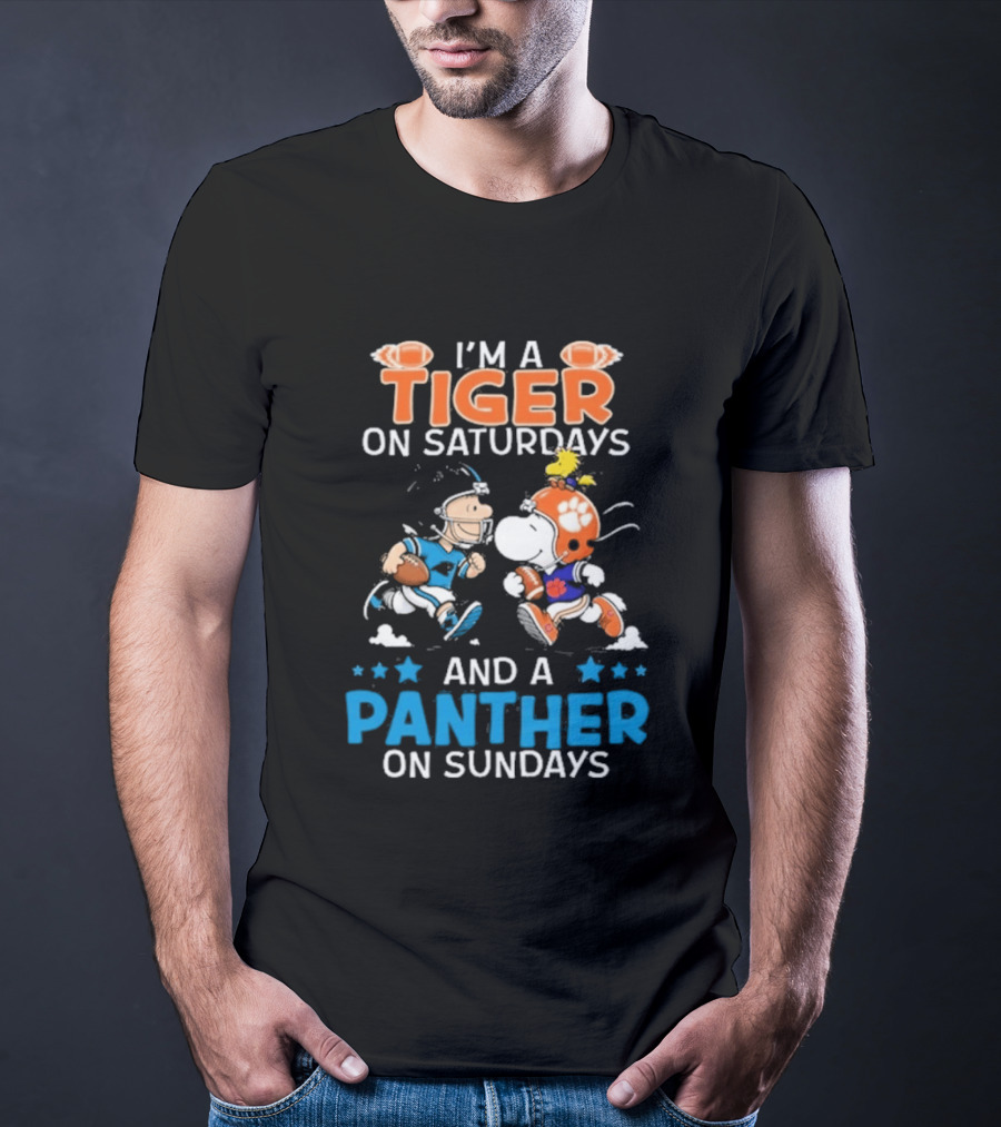 Charlie Brown Snoopy Tiger Saturdays Panther Sundays Football T-Shirt
